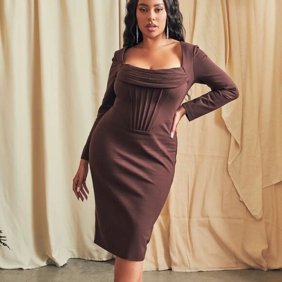 NWOT Lavish Alice Cowl Corset Ponte Chocolate Brown Midi Dress US Size 10 - Picture 1 of 10